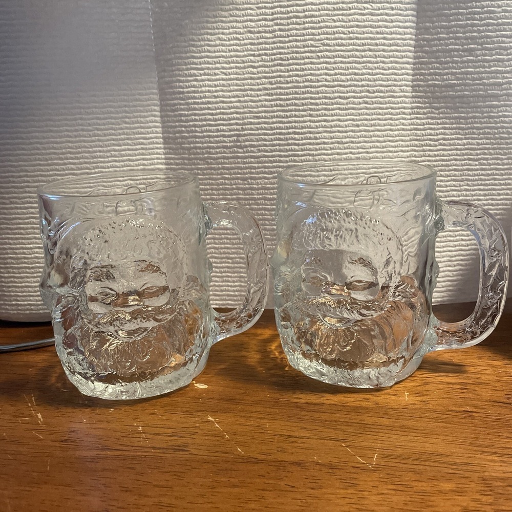 Vintage Set Of 2 Luminarc 3D Snowman & Santa Clear Glass Mug Made In USA 4"T